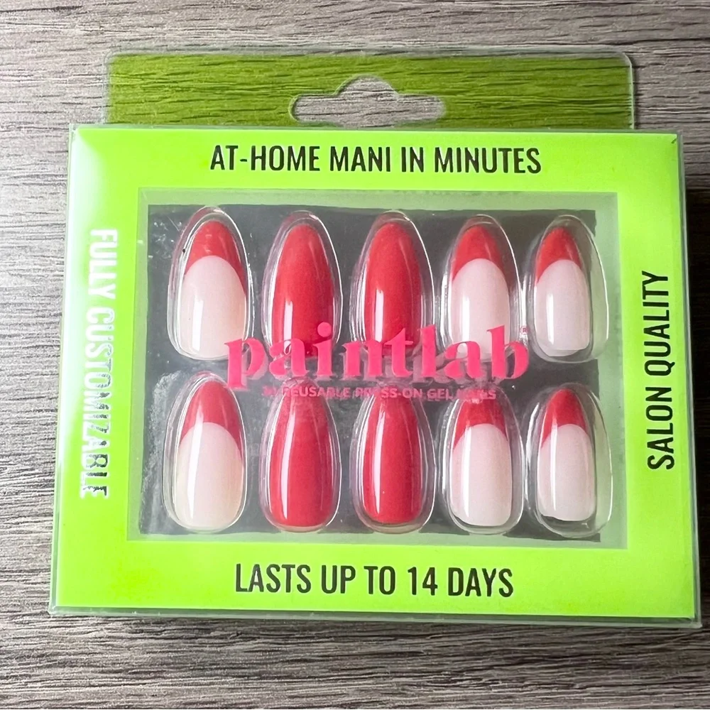 PaintLab Red Medium Almond Red French Manicure Press On Nails